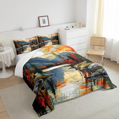 Sunset Lake House Comforter Set Full Size,Tree Branch Woodland Bedding Set for Kids Teens Adults Room Decor,Natural Scenery Retro Quilt Set,Camping Adventure Theme Duvet Insert 3Pcs,2 Pillowcases