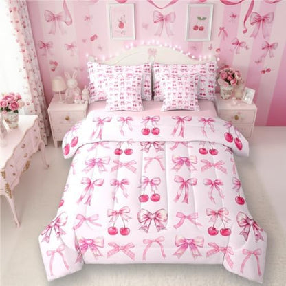 Pink Cherry Bow Bed in a Bag King Size Comforter Set 7 Pieces,Cute Silk Ribbon Bowknot Bedding Set,Princess Bow Tie Comforter and Sheet Set Dreamy Kawaii Bed Set,Girly Light Pink Room Decor Aesthetic