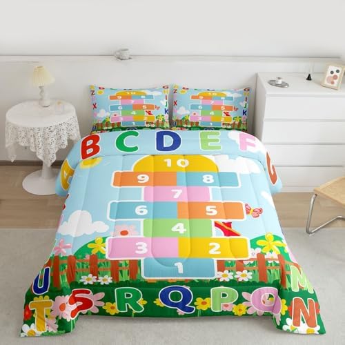 jejeloiu Number Learning Kids Comforter Set Full Size Alphabet ABC Bedding Set Colorful Educational Duvet Quilt for Kids Boys Girls Bedroom Decor Microfiber Ultra Soft Breathable