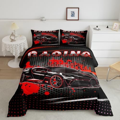 Feelyou Race Car Duvet Quilt Queen Size Red Speed Sports Car Bedding Set for Kids Boys Girls Decor Automobile Bedding Set Breathable Soft Lightweight Microfiber Extreme Sports Bedroom Decor