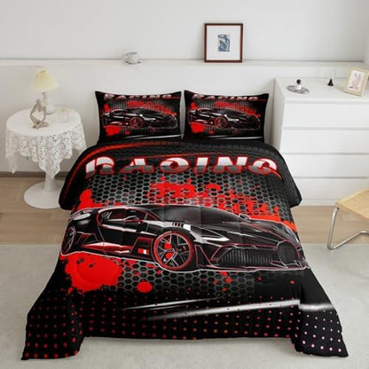 Feelyou Race Car Duvet Quilt Queen Size Red Speed Sports Car Bedding Set for Kids Boys Girls Decor Automobile Bedding Set Breathable Soft Lightweight Microfiber Extreme Sports Bedroom Decor
