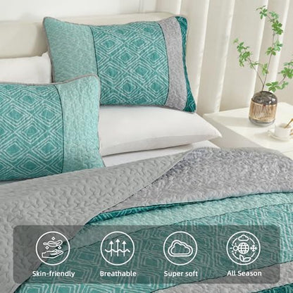 Cottolester Boho Quilt Set California King Size,Teal Blue Striped Bedspread
