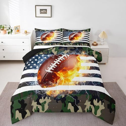 Camouflage Comforter Set for Boys, American Football Quilted Duvet King Size, Sports Games Bedding Set for Kids Teens Adult Bedroom, USA Federations Stars Down Comforter 3 Piece with 2 Pillow Cases