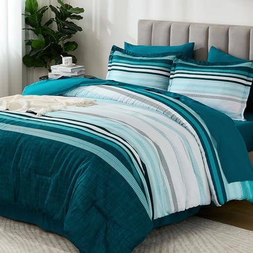 Dobuyly Teal Comforter California King Size 7 Pieces, Blue Boho Striped Bed in a Bag Set Soft Microfiber All Season Bedding Set with Comforter, Sheets, Pillowcases & Shams