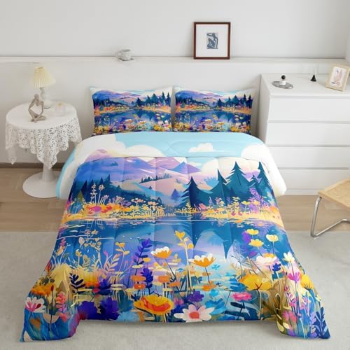 Blossom Flower Comforter Set Twin Size,Spring Nature Scenery Bedding Set for Kids Girls Women Room Decor,Lake Mountain Pine Tree Quilt Set 2Pcs,Colorful Floral Garden Duvet Insert,1 Pillowcase