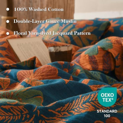 Simple&Opulence Muslin Duvet Cover Set Queen Size, 100% Washed Cotton 3 Pieces Yarn-Dyed Vintage Blue Floral Leaves Jacquard Textured Bedding, Soft Breathable Gauze Comforter Cover with Zipper Closure