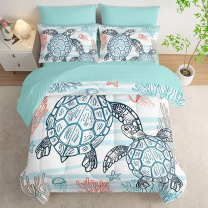 HOSIMA 7Pcs Sea Turtle Comforter Set King Size for Boys Coastal Bedding.