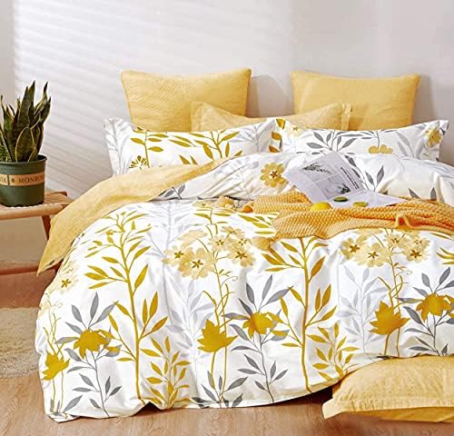 SLEEPBELLA Comforter King Size, 600 Thread Count Cotton Grey Branch with Yellow Flower & Grey Leaves Pattern Orange Reversible Comforter Set,Down Alternative Bedding Set 3Pcs(King, Yellow Botanical)