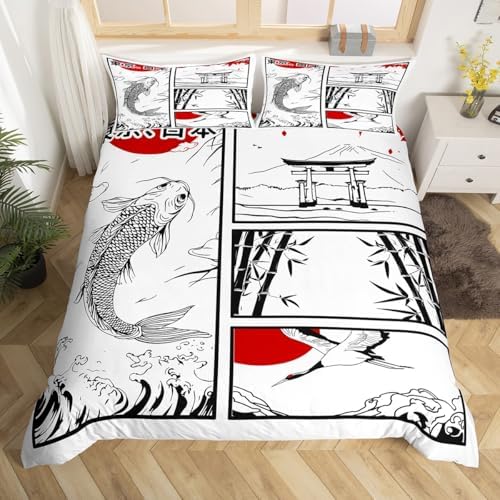 Feelyou Kids Japanese Koi Fish Duvet Cover Toddler Japanese Wave Crane Bedding Set Boys Girls Fuji Mountain Bamboo Comforter Cover Set Japan Tokyo Japanese-Style Bedspread Cover（No Comforter