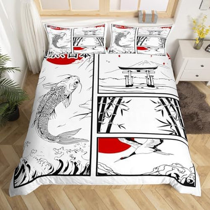 Feelyou Kids Japanese Koi Fish Duvet Cover King Size Japanese Wave Crane Bedding Set Boys Girls Fuji Mountain Bamboo Comforter Cover Set Japan Tokyo Japanese-Style Bedspread Cover（No Comforter