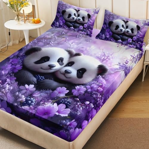 HOSIMA Kids Cute Panda Bedding Sets Full,1 Fitted Sheet+2 Pillowcases.