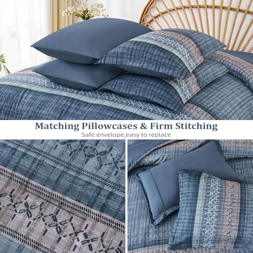 Dintszyayue Blue Comforter Set Queen Size, 8 Pieces Boho Striped Bed in a Bag Soft Microfiber Bedding Set for All Season