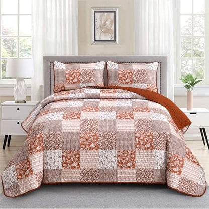 Mybedsoul Burnt Orange Boho Quilt King Size, Patchwork Floral Bedding Set