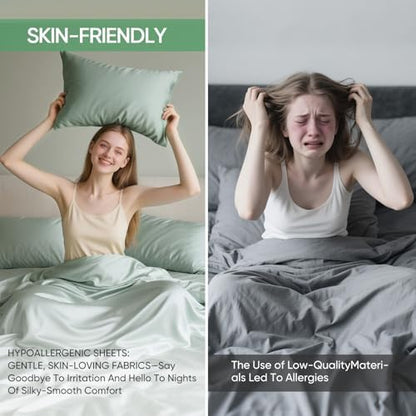 Luxury Organic Tencel & Viscose from Bamboo Cooling Sheet Set,Silky Soft Lyocell Sheets with Deep Pocket, Hypoallergenic & Breathable Bedding with Pillowcases (Mineral, Full)