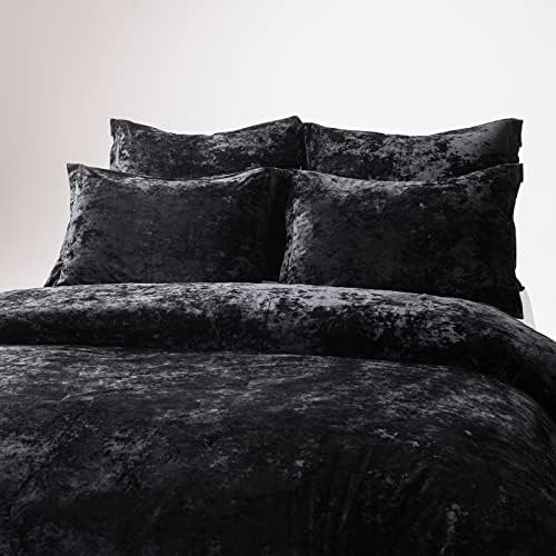 Fredsure Distressed Velvet Comforter Set, 5 Pieces Black Queen, Distressed Velvet Face and Brushed Microfiber Reverse