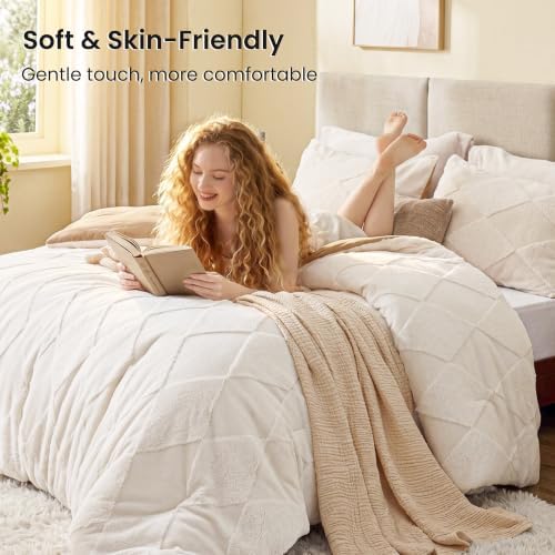EXQ Home Tufted Diamond Comforter Set Queen, 3 Pieces Bed Set,Beige