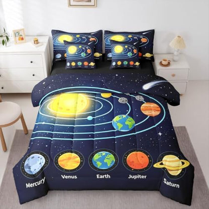 Erosebridal Solar System Queen Comforter Set 7 Pieces, Galaxy Bed in A Bag, Outer Space Bedding Set with Comforters, Sheets, Pillowcases Starry Sky Universe Planets Bedroom Decor