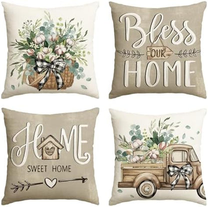 AVOIN colorlife Bless Our Home Sweet Home Farmhouse Eucalyptus Leaves Throw Pillow Covers, 20 x 20 Inch Truck Cushion Case Decorations Set of 4
