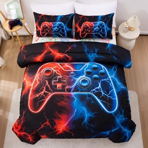 Meeting Story Gaming Bedding Set Queen Size Green Game Console Kids Bed in A Bag 3D Black Gamer Comforter Set for Boys Teen(RedBlue)