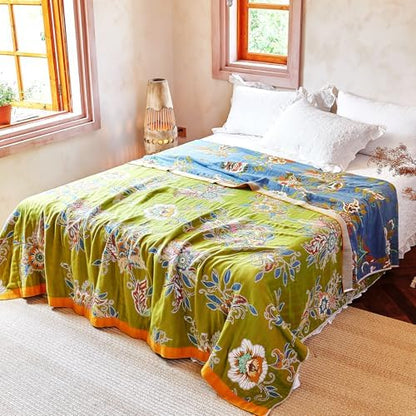 VANJOROY Boho Throw Blanket 80" x 90", 100% Organic Cotton Breathable Ultra Soft Bed Quilt Throw - All Season Luxury Floral Farmhouse Decor Blanket for Sofa Couch Chair and Gift. Green/Blue