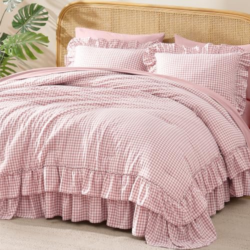 King Size Comforter Set Pink Gingham Ruffle 7 Pieces Farmhouse Bed in a Bag