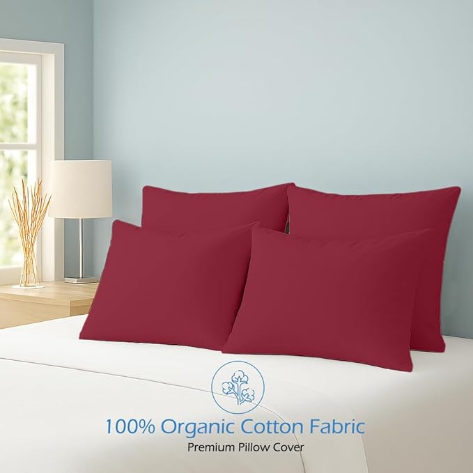Comfort Beddings King Pillowcases Set of 4 – 100% Organic Cotton, 600 Thread Count Sateen, Soft & Comfy Pillow Covers with Envelope Closure, Burgundy, King Size 20 x 40 Inches
