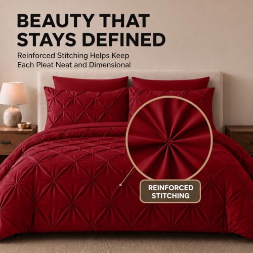 HIMEET Queen Comforter Set Deep Red - 7 Pieces Pintuck Bed in a Bag