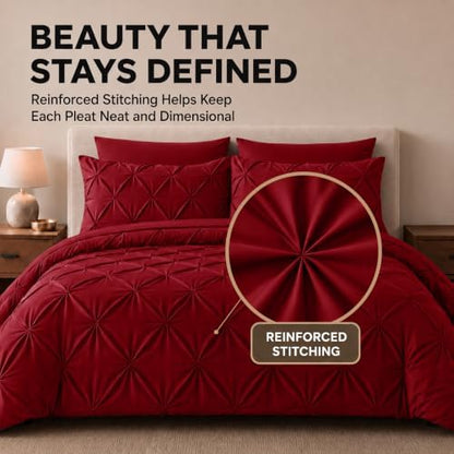 HIMEET Queen Comforter Set Deep Red - 7 Pieces Pintuck Bed in a Bag