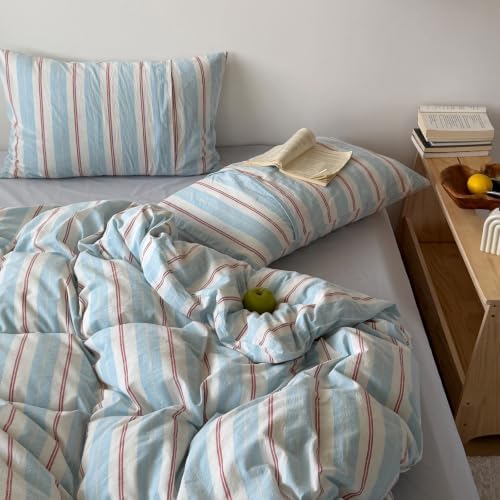 LifeTB Retro Striped Duvet Cover Set Queen 100% Washed Cotton Bedding Set