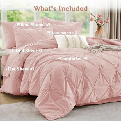 JOLLYVOGUE Queen Comforter Set 7 Pieces - Bed in a Bag Queen for All Season, Pintuck Bedding Comforter Sets with Comforter, Flat Sheet, Fitted Sheet and Pillowcases & Shams, Rose Gold