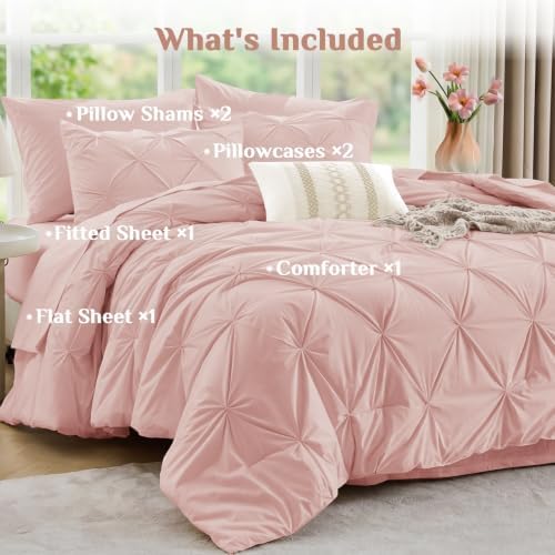JOLLYVOGUE California King Comforter Set 7 Pieces - Bed in a Bag Cal King for All Season, Pintuck Bedding Comforter Sets with Comforter, Flat Sheet, Fitted Sheet and Pillowcases & Shams, Rose Gold