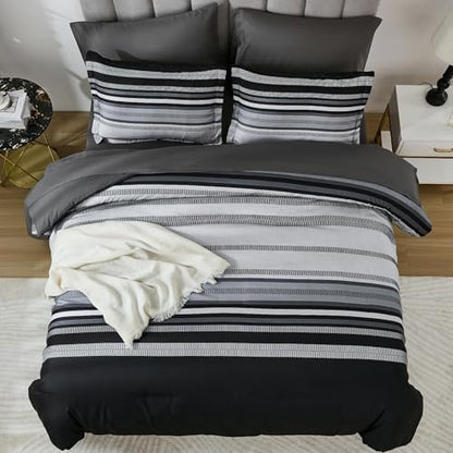 Dobuyly Black Comforter Set Twin Size Bed in a Bag 5 Piece, Classic Striped Black and Grey Bed Bedding Set with Sheets Soft Microfiber All Season for Teen Boys
