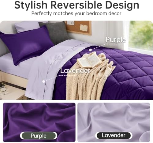 MUXHOMO 5 Pieces Twin XL Comforter Set, Reversible Bed in a Bag Twin XL Size, All Season Bedding Set with Comforter, Flat Sheet, Fitted Sheet, Pillowcases & Shams, Purple & Lavender