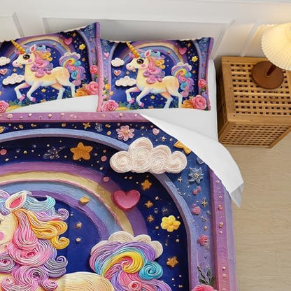 Pink Purple Rainbow Unicorn Flower Comforter Set Full for Kids Girls，Girls Unicorn and Rainbows Bedding Sets Full，with 1 Comforter with 2 Pillow Case，Unicorn Bedroom Decor and Bedding Set