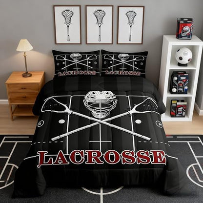 Manfei Lacrosse Comforter Set Twin Size, Sports Gaming Theme Quilt Set with 1 Pillowcase, White Lacrosse Player Bedding Set 2pcs for Kids Boys Teens Bedroom Decor