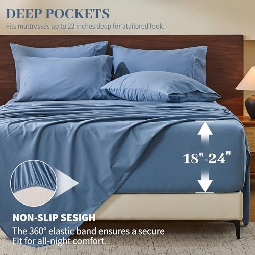 MEISHANG 100% French Linen Sheets King,6 Pcs,18-24" Extra Deep Pocket