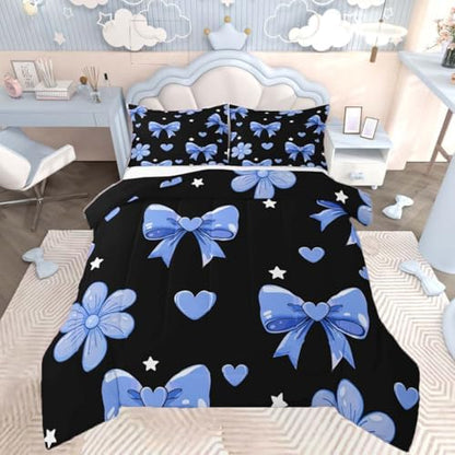 jejeloiu Bow Comforter Set All Season Bowknot Bedding Set with 2 Pillow Cases Black Blue Microfiber Kids Full Bedclothes Bow-tie Bedroom Decor Duvet Quilt Breathable Soft Lightweight