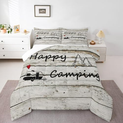 Homewish Happy Camping Comforter Set Farm Farmhouse Bedding Set for Kids Girls Women Adults Wood Rustic Comforter Camper Theme Quilted Duvet Set Bedroom Collection Twin Size 2Pcs