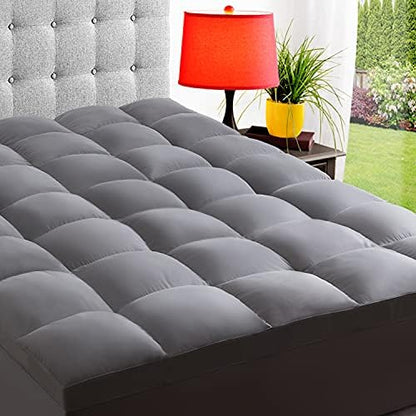 ELEMUSE Full XL Grey Mattress Topper, Thick Pillow Top Mattress Pad