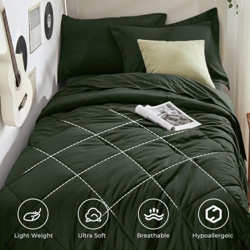 HEVUMYI 5-Piece Twin XL Comforter Set, Dark Green Bed in a Bag