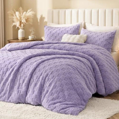 Love's cabin Fleece King Comforter Set, Fluffy Reversible Bedding, Lavender