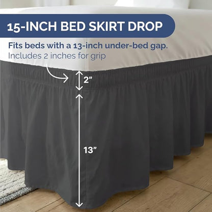 Wrap Around Dust Ruffle Bed Skirt - Charcoal - for Full Size Beds w/ 15 Inch Drop - Easy Fit Elastic Strap - Adjustable Pleated Bedskirt w/Brushed Fabric - Wrinkle Free - for Women, Men, Kids & Teens
