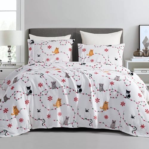Elegant Comfort Luxuriously Soft 4-Piece Holiday Velvet Plush Flannel Sheet Set - Premium Quality - Cozy Warm, Christmas Fuzzy Velvet Flannel Fleece Deep Pocket Sheet Set - King, Jingle Cats