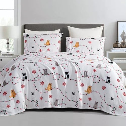 Elegant Comfort Luxuriously Soft 4-Piece Holiday Velvet Plush Flannel Sheet Set - Premium Quality - Cozy Warm, Christmas Fuzzy Velvet Flannel Fleece Deep Pocket Sheet Set - King, Jingle Cats