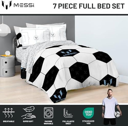 Jay Franco Kids Comforter Set Includes Sheets and Pillow Cover - Soft and Cozy Bed Set for Stylish Room Décor, White - Messi, 7 Piece Full