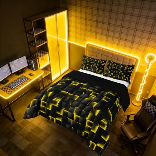 Erosebridal Geometric Checkered Comforter Twin Size Neon Black Gold Comforter Set for Kids Teen Men Gaming Room Decor,Abstract Ombre Plaid Bedding Set Grids Quilt Duvet