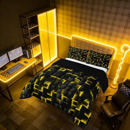Erosebridal Geometric Checkered Comforter Twin Size Neon Black Gold Comforter Set for Kids Teen Men Gaming Room Decor,Abstract Ombre Plaid Bedding Set Grids Quilt Duvet