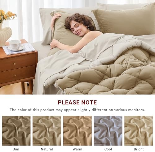 MUXHOMO 7 Pieces California King Comforter Set, Reversible Bed in a Bag Cal King Size, All Season Bedding Set with Comforter, Flat Sheet, Fitted Sheet, Pillowcases & Shams, Khaki & Linen