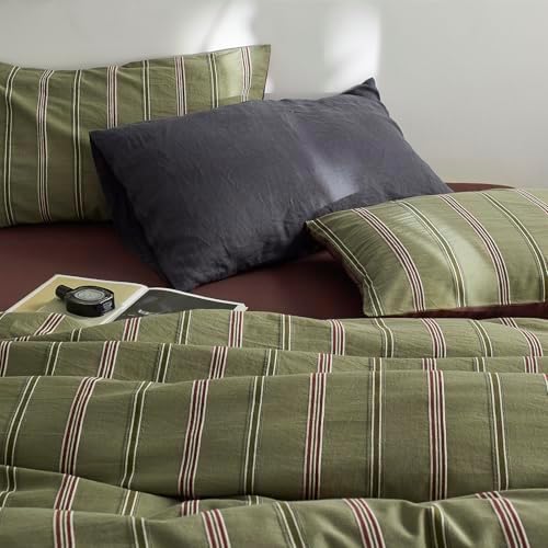 mixinni Vintage Olive Green Striped Duvet Cover Set King, 100% Cotton Yarn-Dyed Jacquard Bedding 3 Pieces, Reversible Design Retro Terracotta Comforter Cover with Zipper & Corner Ties