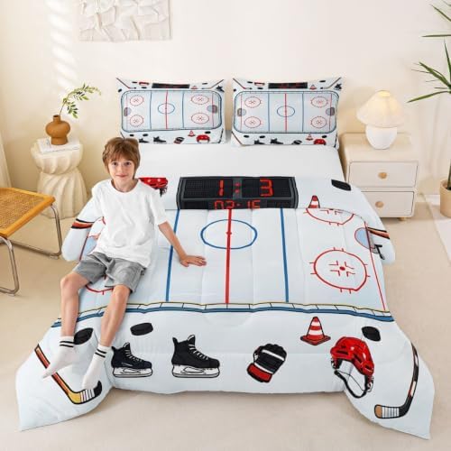 Castle Fairy Ice Hockey Rink Down Comforter Queen Size,Ice Skates Helmet Glove Bedding Sets 3Pcs for Kids Teens Woman Men Room Decor,Cartoon Quilted Duvet Sport Theme Bedspread,2 Pillowcases